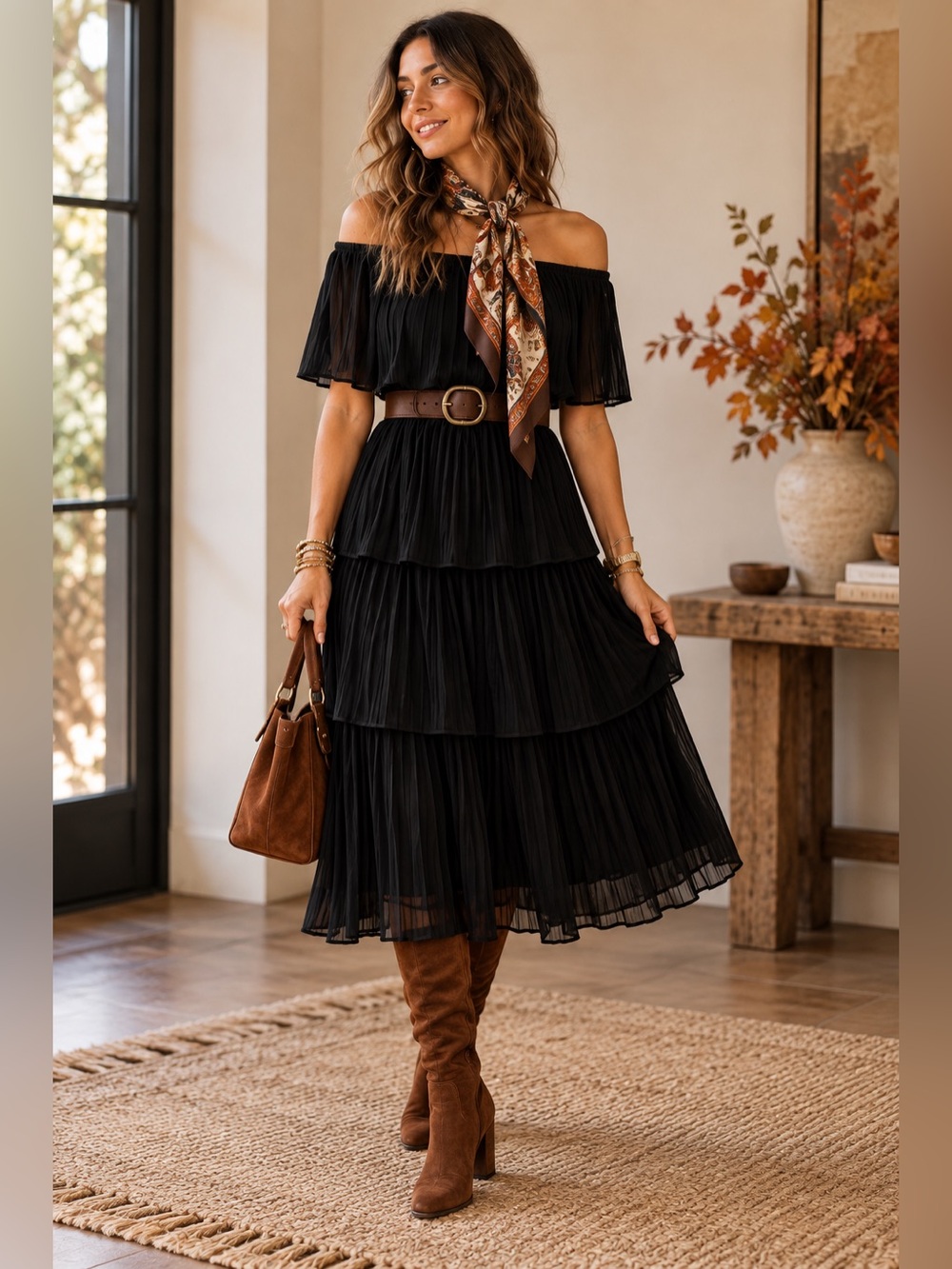 Black Off Shoulder L Ruffle Maxi Dress Tiered Chiffon Boho Flowy Cocktail Party